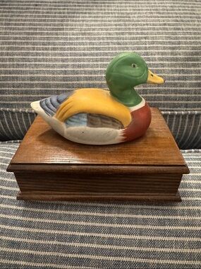Vintage Porcelain Mallard Duck Wooden Box